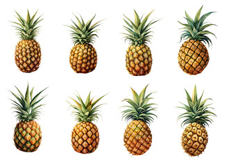 Set of watercolour pineapples isolated on transparent background. Generative Ai