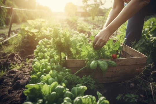 person, picking fresh vegetables and herbs from community garden, created with generative ai