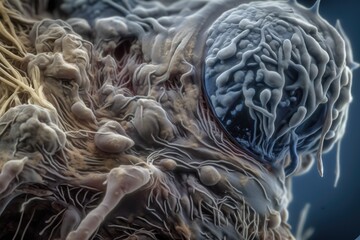 close-up of alien organism, with its complex and mysterious anatomy visible, created with generative ai
