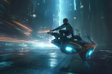 alien riding a flying cycle, speeding through the futuristic city, created with generative ai