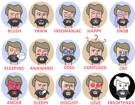 set of emotion cartoon male facial hair faces vector, comic Faces with various Emotions. Cartoon drawing style. avtar with emotion
