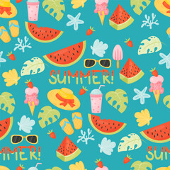Summer seamless pattern. Tropical endless background with watermelons, ice cream, seashells and beach slippers on emerald background. Vector illustration in flat cartoon style.