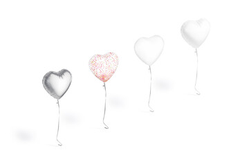 Fototapeta na wymiar Blank white, silver, transparent heart balloon flying mockup, side view