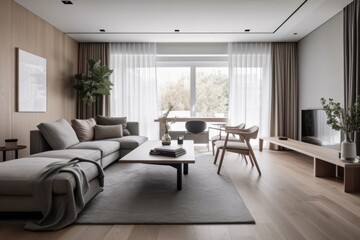 a stylish and minimalist home with sleek furniture and natural accents, created with generative ai