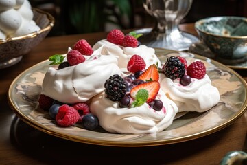 plate of meringues, topped with berries and whipped cream, created with generative ai