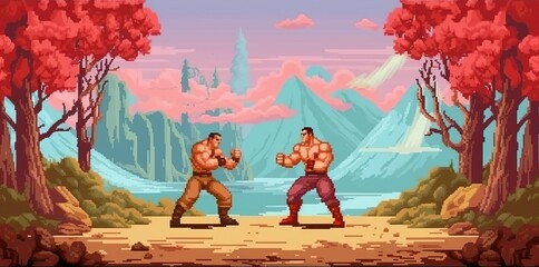 A retro computer game fighter level. Pixel art arcade video. Generative AI