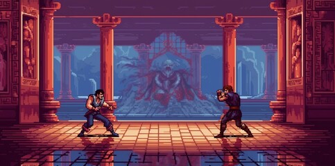 A retro computer game fighter level. Pixel art arcade video. Generative AI