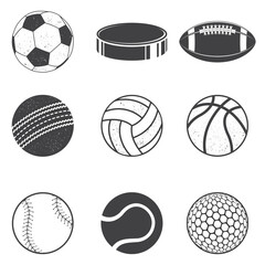 Set of black and white Sports Balls. Vector Illustration. Set include soccer, backetball, volleyball, baseball, cricket, american football, tennis, golf balls and ice hockey puck silhouettes.