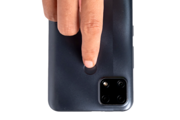 Fingerprint security. Hand holding phone and index finger touching fingerprint scanner to unlock the smartphone
