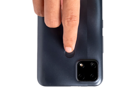 Fingerprint security. Hand holding phone and index finger touching fingerprint scanner to unlock the smartphone