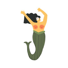 Cute Asian Oriental mermaid waving, saying Hello, happily dancing with her hands up under her head. Vector illustration.