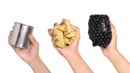 Human hands holding trash cans, paper and bubble wrap for recycling. environmentally friendly waste.