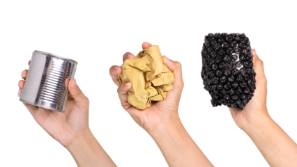 Human hands holding trash cans, paper and bubble wrap for recycling. environmentally friendly waste.