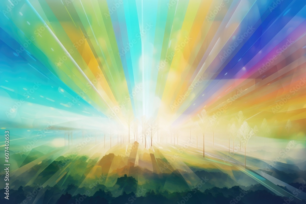 Wall mural abstract landscape with rays of light and prismatic colors, created with generative ai