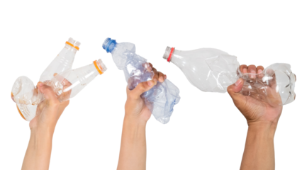 Human hand-holding waste plastic bottles for recycling, Environmental pollution