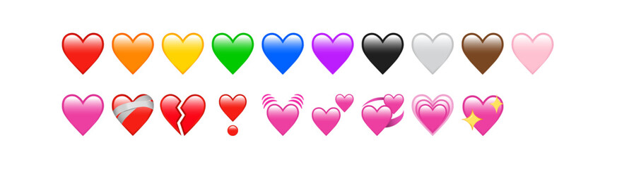 iPhone WhatsApp Heart Emojis Set: Sparkling, Growing, Beating, Revolving, Broken, Mending, Heart Exclamation, Red, Orange, Yellow, Green, Blue, Purple, Brown, Black, White Emojis, Vector