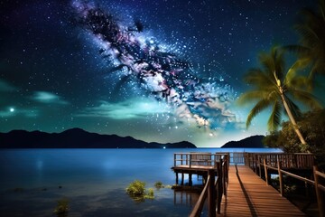 exotic destination with a view of the night sky, stars shining brightly, created with generative ai