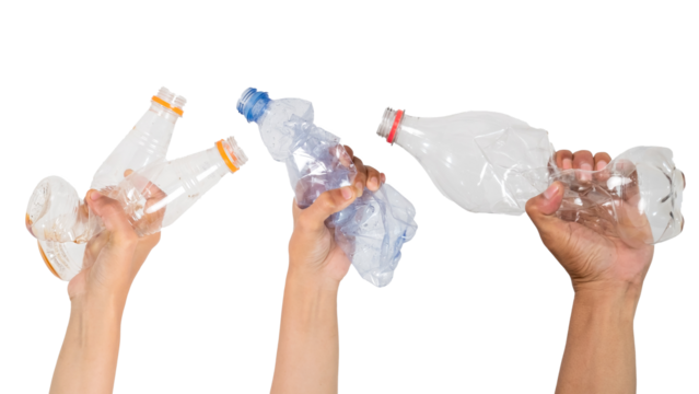 Human hand-holding waste plastic bottles for recycling, Environmental pollution