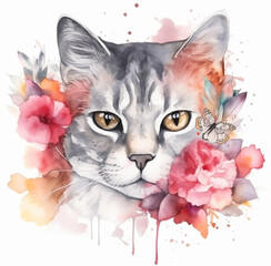 Cat face with flower illustration. Generative AI.