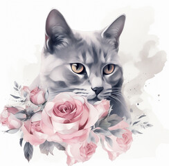 Cat face with flower illustration. Generative AI.