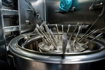 surgical instruments being sterilized in an autoclave, with the steam rising, created with generative ai