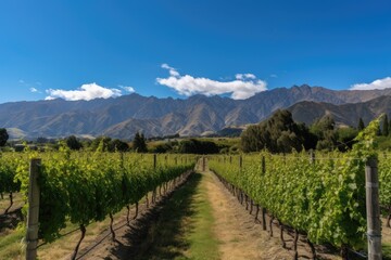 Fototapeta na wymiar vineyard surrounded by mountains and blue skies, created with generative ai