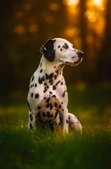Dalmatian dog is walking outdoor. Generative AI.