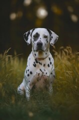 Dalmatian dog is walking outdoor. Generative AI.