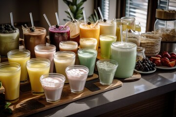 buffet with different varieties of summer drinks, including smoothies and ice cream floats, created with generative ai