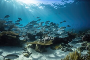 school of fish swimming among coral reefs, created with generative ai