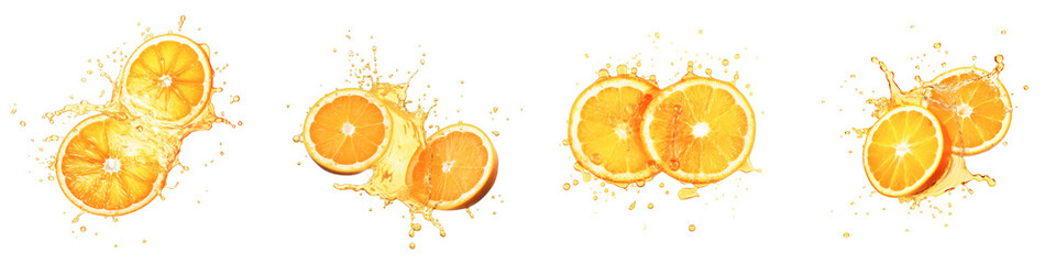 Fototapeta na wymiar Bundle of four semi-transparent orange slices with splashing orange juice. Generative AI.