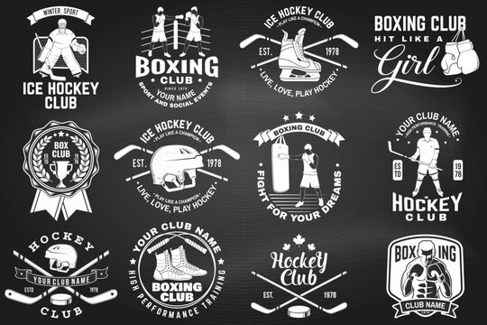 Set of Boxing club and Ice Hockey club badge, logo design on chalkboard. Vector. Sticker, patch with hockey player, sticker, puck , helmet, skates, Boxer, gloves, boxing jump rope and shoes Silhouette