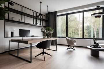 Fototapeta na wymiar a sleek, minimalist home office with black accents and modern furniture, created with generative ai