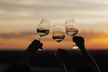 A group of friends clinking glasses of wine and spend time together at summer picnic at sunset.	

