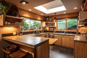 eco-friendly kitchen, with bamboo countertops and natural stone backsplash, created with generative ai