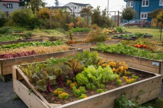 close-up of a community garden with the harvest in full swing, created with generative ai