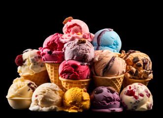 Fototapeta na wymiar Ice Cream in Cones. Different Flavoured Desert on Black Background. Generative AI. 