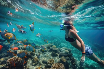adventure traveler snorkeling the coral reef, surrounded by vibrant fish, created with generative ai - obrazy, fototapety, plakaty
