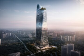 futuristic and conceptual tower with glass exterior, rising above the city skyline, created with generative ai