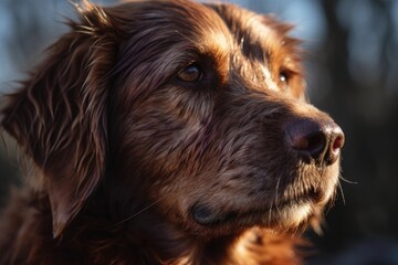 Obraz premium close-up of dog's face, with the sun shining down and reflecting off its fur, created with generative ai