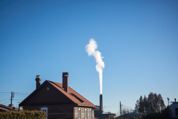 a clear blue sky with chimney smoke rising from a house in the distance, created with generative ai