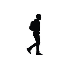 Vector silhouette of a man with a backpack on a white background.