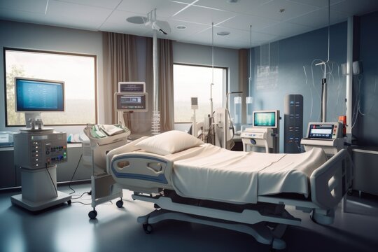 a hospital room, with a patient surrounded by a variety of monitoring and life-saving devices, created with generative ai
