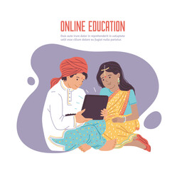 Online education banner or poster for Indian children, flat vector isolated.