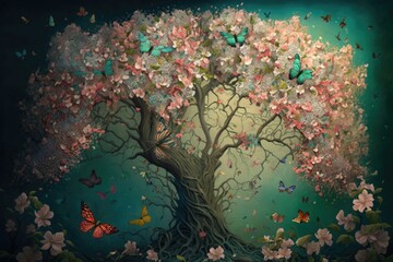 blossoming tree, surrounded by blooming flowers and butterflies, created with generative ai
