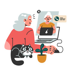 Modern old female character using internet, mobile phone and computer