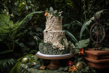 finished wedding cake, with delicate and intricate design, surrounded by greenery, created with generative ai