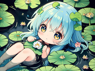 A little girl with blue hair in a pond with lotus flowers. Generative AI