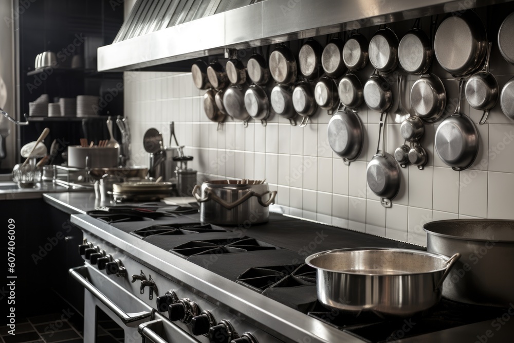 Sticker commercial range with pots and pans for cooking, set against black and white tile, created with generative ai