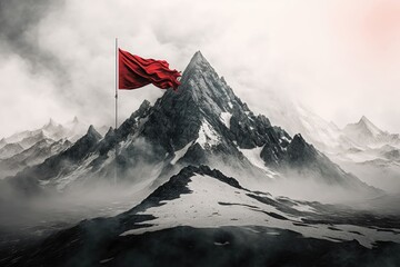 mountain peak with red flag, surrounded by misty mountainscape, created with generative ai